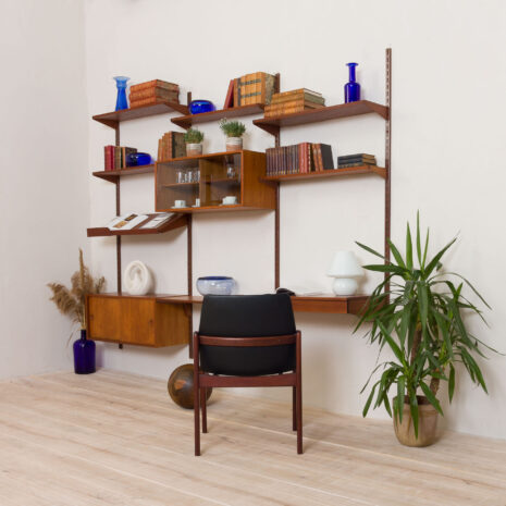 21139 Kai Kristiansen teak wall unit with a desk and two cabinets, 3 bay shelving, Denmark, 1960s-4(1) Kai Kristiansen teak wall unit with a desk and two cabinets bay shelving Denmark s scaled