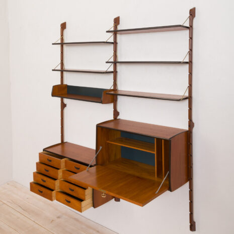 21148 Ergo Wall Unit in teak with 6 shelves and 2 cabinets by John Texmon for Blindheim Møbelfabrikk, 2 bay modular shelving, 1960s-9 Ergo Wall Unit in teak with shelves and cabinets by John Texmon for Blindheim Mobelfabrikk bay modular shelving s scaled