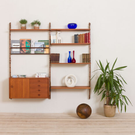 Ergo Wall Unit in teak with  shelves and a cabinet by John Texmon for Blindheim Mobelfabrikk  bay modular shelving system s  scaled