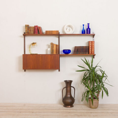 21141 2 bay Kai Kristiansen for FM Mobler teak wall unit with a secretary desk and 3 shelves-1 bay Kai Kristiansen for FM Mobler teak wall unit with a secretary desk and shelves scaled