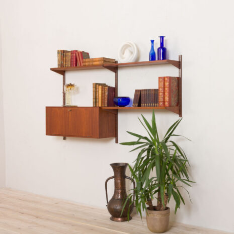 21141 2 bay Kai Kristiansen for FM Mobler teak wall unit with a secretary desk and 3 shelves-2 bay Kai Kristiansen for FM Mobler teak wall unit with a secretary desk and shelves scaled