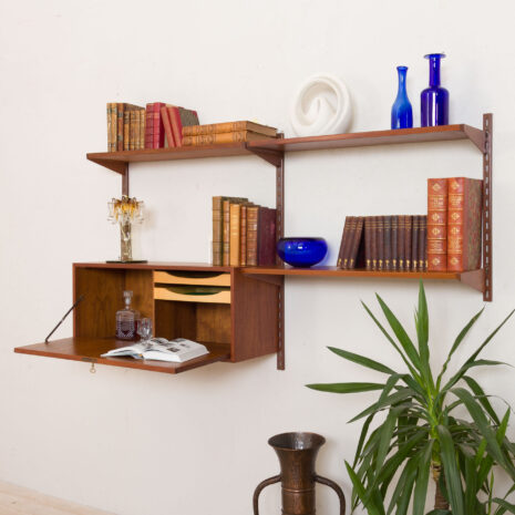 21141 2 bay Kai Kristiansen for FM Mobler teak wall unit with a secretary desk and 3 shelves-4 bay Kai Kristiansen for FM Mobler teak wall unit with a secretary desk and shelves scaled