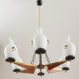 Italian brass and teak chandelier with opaline glass vase shaped shades s  scaled