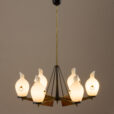 Italian brass and teak chandelier with opaline glass vase shaped shades s  scaled