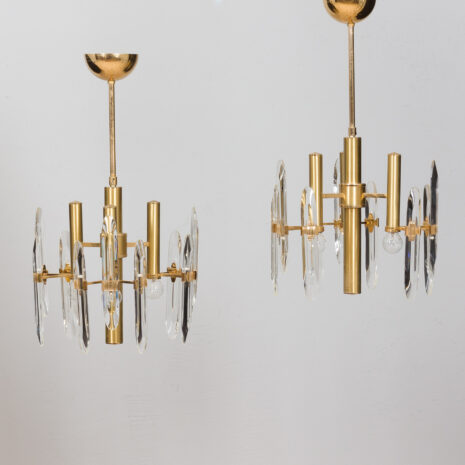 Pair of Italian mid century Gaetano Sciolari chandeliers in brass and crystals s s  scaled