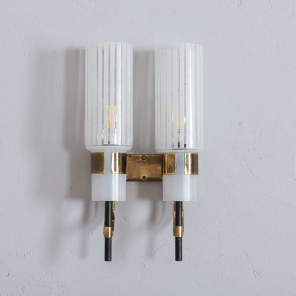 Pair of Italian mid century wall sconces in brass and striped glass  scaled