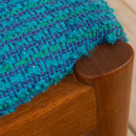 21229 Pair of 42 Kai Kristiansen teak chairs in original blue bouclé upholstery-10 Pair of Kai Kristiansen teak chairs in original blue boucle upholstery scaled