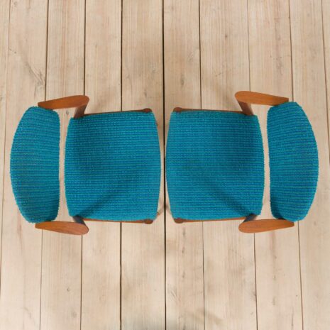 21229 Pair of 42 Kai Kristiansen teak chairs in original blue bouclé upholstery-12 Pair of Kai Kristiansen teak chairs in original blue boucle upholstery scaled