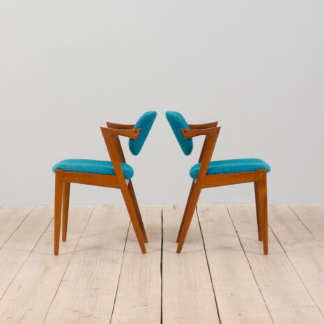 21229 Pair of 42 Kai Kristiansen teak chairs in original blue bouclé upholstery-5 Pair of Kai Kristiansen teak chairs in original blue boucle upholstery scaled