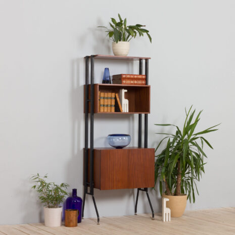 21265 Système d'étagères à poser en teck à une travée, à l'italienne, unité murale-2 Italian free standing one bay teak shelving system wall unit scaled