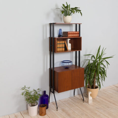 Italian free standing one bay teak shelving system wall unit  scaled