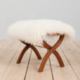 Danish solid teak stool in long hair white sheepskin s  scaled