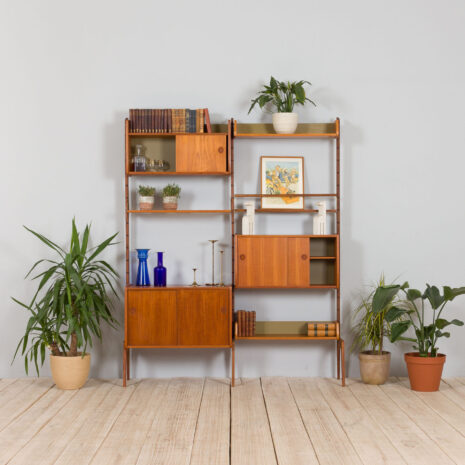 21276 Scandinavian Ergo Wall Unit in teak with 3 shelves and 3 cabinets by John Texmon for Blindheim Møbelfabrikk, 2 bay vintage modular shelving system, 1960s-1 Scandinavian Ergo Wall Unit in teak with shelves and cabinets by John Texmon for Blindheim Mobelfabrikk bay vintage modular shelving system s scaled