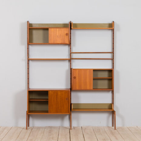 21276 Scandinavian Ergo Wall Unit in teak with 3 shelves and 3 cabinets by John Texmon for Blindheim Møbelfabrikk, 2 bay vintage modular shelving system, 1960s-6 Scandinavian Ergo Wall Unit in teak with shelves and cabinets by John Texmon for Blindheim Mobelfabrikk bay vintage modular shelving system s scaled