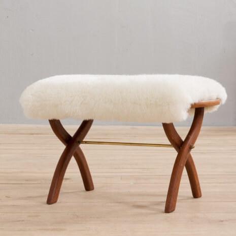 Danish solid teak stool in white short sheepskin  scaled