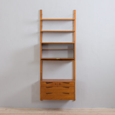 21272 Scandinavian mid century Rival wall unit in teak with a chest of drawers, secretary and 2 shelves, by Kjael Riis Brødrene Jåtog Møbelfabrikk-5 Scandinavian mid century Rival wall unit in teak with a chest of drawers secretary and shelves by Kjael Riis Brodrene Jatog Mobelfabrikk scaled