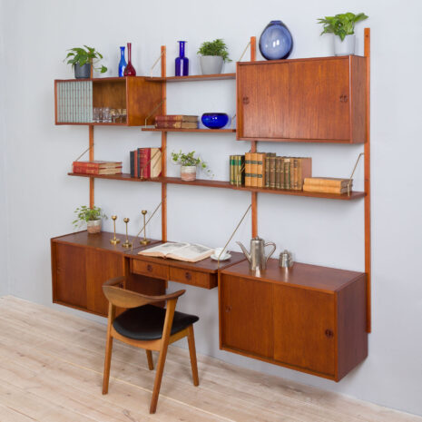 21305 vintage three bay teak wall unit with a desk and 4 cabinets and 5 shelves-3 vintage three bay teak wall unit with a desk and cabinets and shelves scaled