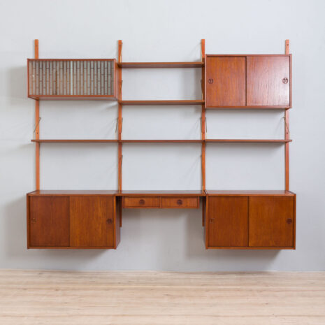 21305 vintage three bay teak wall unit with a desk and 4 cabinets and 5 shelves-4 vintage three bay teak wall unit with a desk and cabinets and shelves scaled