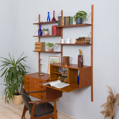 21287 Szafka wisząca w stylu Cadovius Sorensen z sekretarzykiem, komodą i 5 półkami-3 Cadovius Sorensen style wall unit with a secretary desk and chest of drawers and shelves scaled