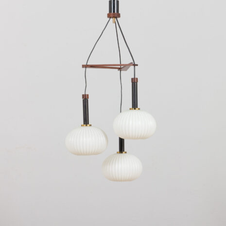 21368 Louis Kalff ribbed glass Italian pendant lamp with teak and brass details, 60s-1 Louis Kalff ribbed glass Italian pendant lamp with teak and brass details s scaled