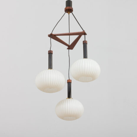 Louis Kalff ribbed glass Italian pendant lamp with teak and brass details s  scaled