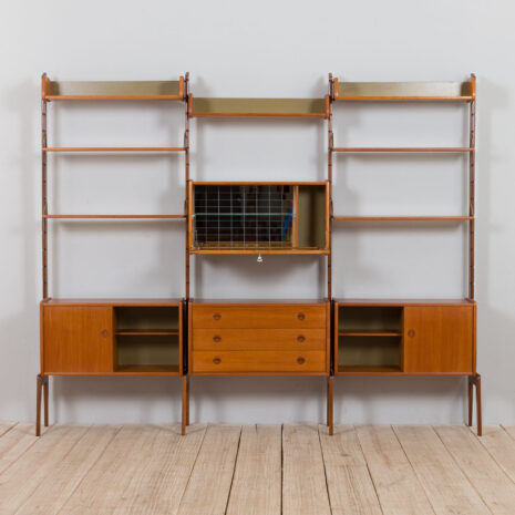 21410 Scandinavian 3 bay wall unit Ergo with 7 shelves, bar cabinet and 3 cabinets by John Texmon for Blindheim Møbelfabrikk, 1960s-4 Scandinavian bay wall unit Ergo with shelves bar cabinet and cabinets by John Texmon for Blindheim Mobelfabrikk s scaled
