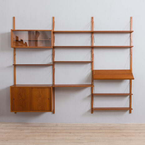 21418 teak 3 bay preben Sorensen wall unit with a desk shelf, 2 cabinets and 8 shelves-3 teak bay preben Sorensen wall unit with a desk shelf cabinets and shelves scaled