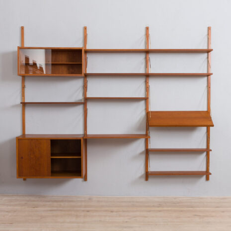 21418 teak 3 bay preben Sorensen wall unit with a desk shelf, 2 cabinets and 8 shelves-4 teak bay preben Sorensen wall unit with a desk shelf cabinets and shelves scaled