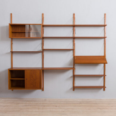 21418 teak 3 bay preben Sorensen wall unit with a desk shelf, 2 cabinets and 8 shelves-5 teak bay preben Sorensen wall unit with a desk shelf cabinets and shelves scaled