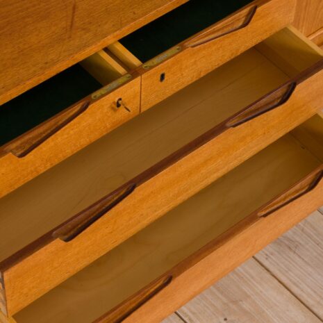 21429 Rival 2 bay teak wall unit with 3 cabinets and 5 shelves by Brodrene Jatogs Norway, Kjell Riise , 1960s-13 Rival bay teak wall unit with cabinets and shelves by Brodrene Jatogs Norway Kjell Riise s scaled