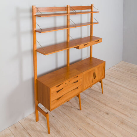 21429 Rival 2 bay teak wall unit with 3 cabinets and 5 shelves by Brodrene Jatogs Norway, Kjell Riise , 1960s-14 Rival bay teak wall unit with cabinets and shelves by Brodrene Jatogs Norway Kjell Riise s scaled