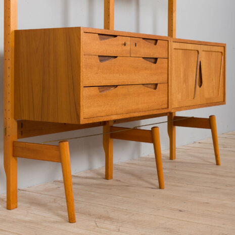 21429 Rival 2 bay teak wall unit with 3 cabinets and 5 shelves by Brodrene Jatogs Norway, Kjell Riise , 1960s-21 Rival bay teak wall unit with cabinets and shelves by Brodrene Jatogs Norway Kjell Riise s scaled