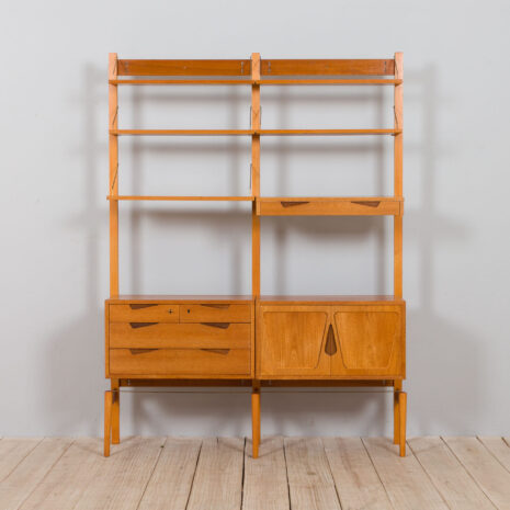 21429 Rival 2 bay teak wall unit with 3 cabinets and 5 shelves by Brodrene Jatogs Norway, Kjell Riise , 1960s-3 Rival bay teak wall unit with cabinets and shelves by Brodrene Jatogs Norway Kjell Riise s scaled