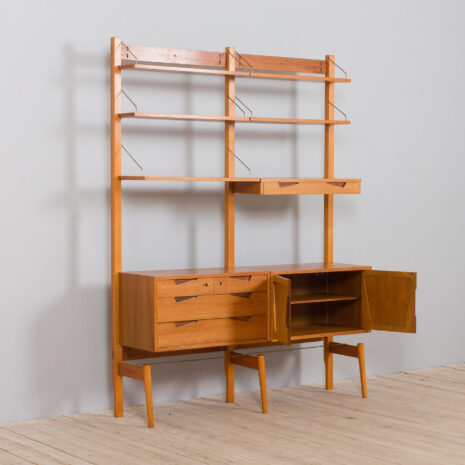 21429 Rival 2 bay teak wall unit with 3 cabinets and 5 shelves by Brodrene Jatogs Norway, Kjell Riise , 1960s-5 Rival bay teak wall unit with cabinets and shelves by Brodrene Jatogs Norway Kjell Riise s scaled
