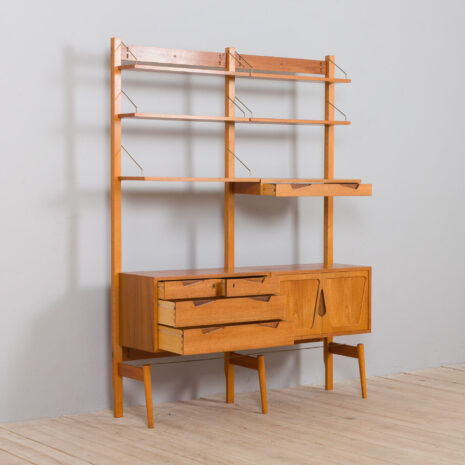 21429 Rival 2 bay teak wall unit with 3 cabinets and 5 shelves by Brodrene Jatogs Norway, Kjell Riise , 1960s-6 Rival bay teak wall unit with cabinets and shelves by Brodrene Jatogs Norway Kjell Riise s scaled