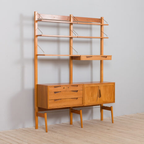 21429 Rival 2 bay teak wall unit with 3 cabinets and 5 shelves by Brodrene Jatogs Norway, Kjell Riise , 1960s-7 Rival bay teak wall unit with cabinets and shelves by Brodrene Jatogs Norway Kjell Riise s scaled