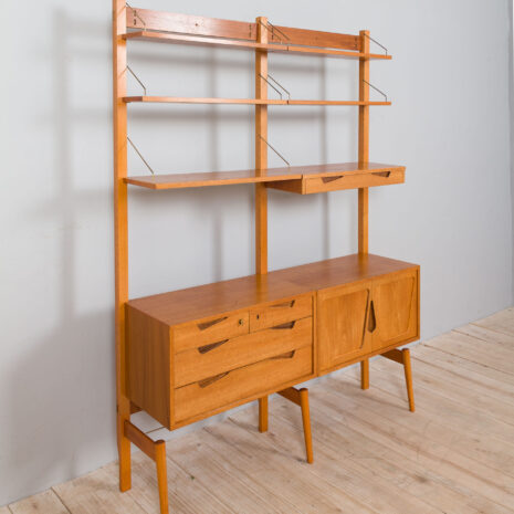 21429 Rival 2 bay teak wall unit with 3 cabinets and 5 shelves by Brodrene Jatogs Norway, Kjell Riise , 1960s-8 Rival bay teak wall unit with cabinets and shelves by Brodrene Jatogs Norway Kjell Riise s scaled