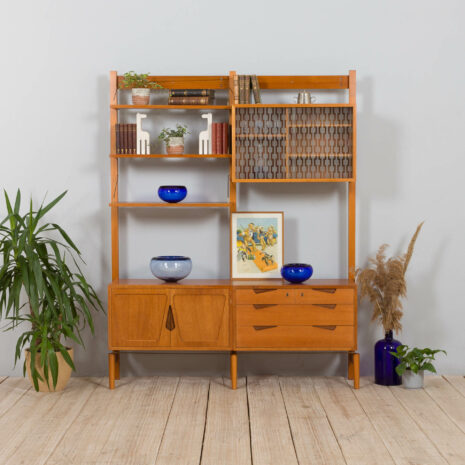 21430 Rival 2 bay free standing teak wall unit with 3 cabinets and 3 shelves by Brodrene Jatogs Norway, Kjell Riise ,1960s-1 Rival bay free standing teak wall unit with cabinets and shelves by Brodrene Jatogs Norway Kjell Riise s scaled