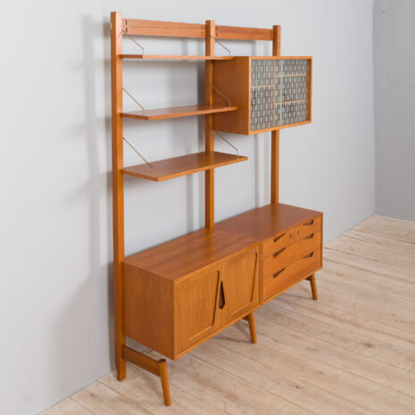 21430 Rival 2 bay free standing teak wall unit with 3 cabinets and 3 shelves by Brodrene Jatogs Norway, Kjell Riise ,1960s-15 Rival bay free standing teak wall unit with cabinets and shelves by Brodrene Jatogs Norway Kjell Riise s scaled