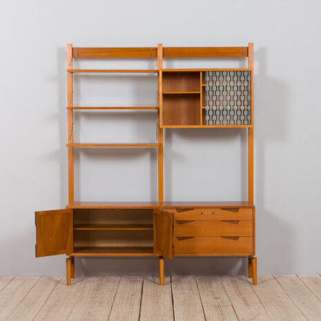 21430 Rival 2 bay free standing teak wall unit with 3 cabinets and 3 shelves by Brodrene Jatogs Norway, Kjell Riise ,1960s-4 Rival bay free standing teak wall unit with cabinets and shelves by Brodrene Jatogs Norway Kjell Riise s scaled