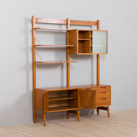 21430 Rival 2 bay free standing teak wall unit with 3 cabinets and 3 shelves by Brodrene Jatogs Norway, Kjell Riise ,1960s-8 Rival bay free standing teak wall unit with cabinets and shelves by Brodrene Jatogs Norway Kjell Riise s scaled