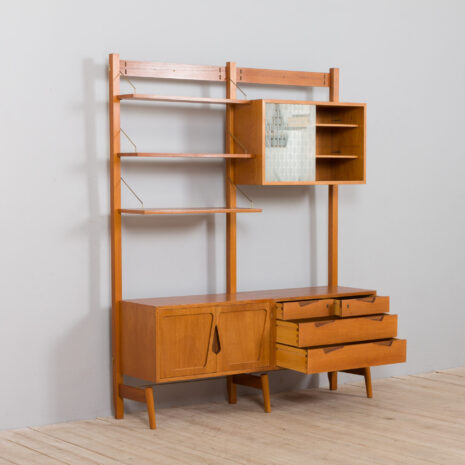 21430 Rival 2 bay free standing teak wall unit with 3 cabinets and 3 shelves by Brodrene Jatogs Norway, Kjell Riise ,1960s-9 Rival bay free standing teak wall unit with cabinets and shelves by Brodrene Jatogs Norway Kjell Riise s scaled