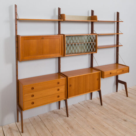 21437 Free standing 3 bay teak ergo wall unit with a desk, 4 cabinets and 5 shelves-11(1) Free standing bay teak ergo wall unit with a desk cabinets and shelves scaled