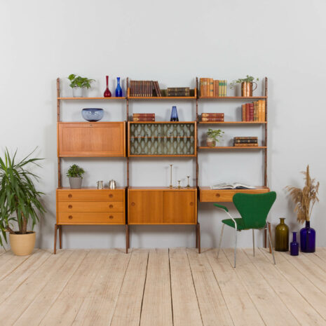 21437 Free standing 3 bay teak ergo wall unit with a desk, 4 cabinets and 5 shelves-2(1) Free standing bay teak ergo wall unit with a desk cabinets and shelves scaled