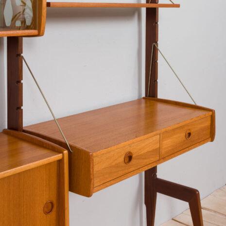 21437 Free standing 3 bay teak ergo wall unit with a desk, 4 cabinets and 5 shelves-31 Free standing bay teak ergo wall unit with a desk cabinets and shelves scaled