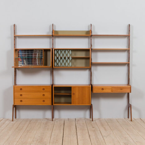 21437 Free standing 3 bay teak ergo wall unit with a desk, 4 cabinets and 5 shelves-9(1) Free standing bay teak ergo wall unit with a desk cabinets and shelves scaled