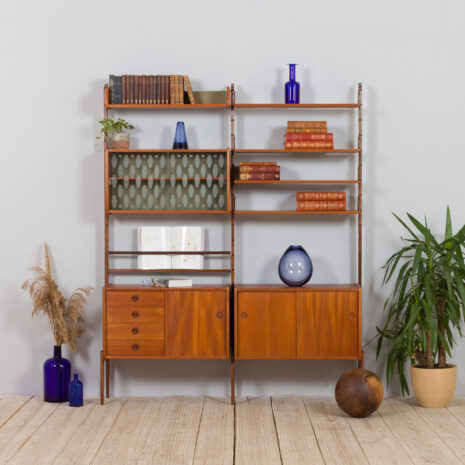 21439 Scandinavian 2 bay Ergo wall unit in teak with 3 cabinets and 4 shelves -1 Scandinavian bay Ergo wall unit in teak with cabinets and shelves scaled