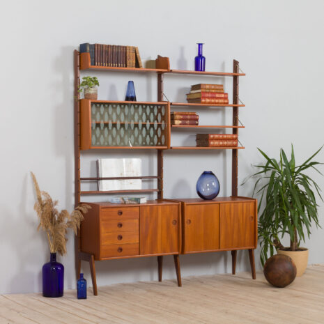 21439 Scandinavian 2 bay Ergo wall unit in teak with 3 cabinets and 4 shelves -2 Scandinavian bay Ergo wall unit in teak with cabinets and shelves scaled