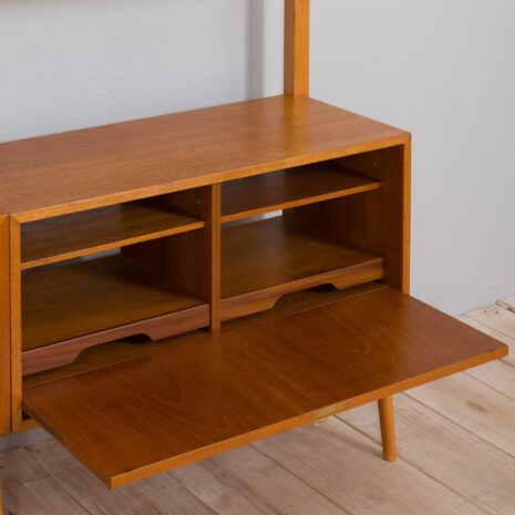 21431 Scandinavian Rival 2 bay free standing wall unit in teak with 3 cabinets, hidden bar cabinet and 2 shelves-10 Scandinavian Rival bay free standing wall unit in teak with cabinets hidden bar cabinet and shelves scaled