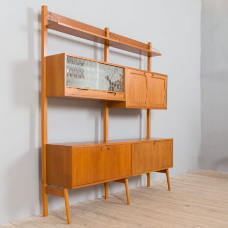 21431 Scandinavian Rival 2 bay free standing wall unit in teak with 3 cabinets, hidden bar cabinet and 2 shelves-16 Scandinavian Rival bay free standing wall unit in teak with cabinets hidden bar cabinet and shelves scaled